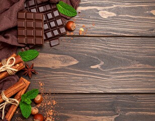 Chocolate pieces, hazelnuts, anise, brown cloth, cinnamon sticks in strings, mint leaves, scattered cocoa, top view, wooden table.
