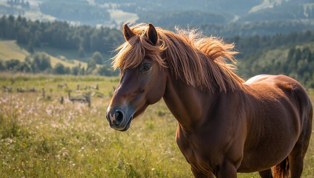 Elegant brown horse with flowing mane in natural surroundings, depicting freedom and grace