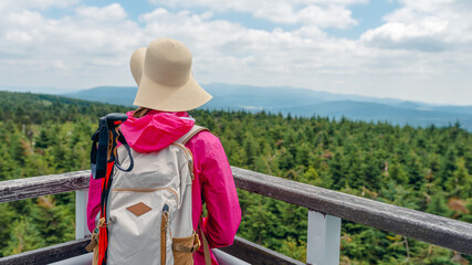 Rear view of a woman hiker in a wide-brim hat and pink jacket standing at a wooden observation...