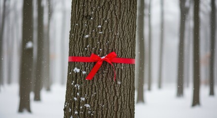 A red ribbon tied around a tree trunk in a snowy winter forest. Tree dressing day tradition and nature celebration concept