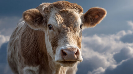 Close-Up of a Brown and White Cow Against a Dramatic Sky