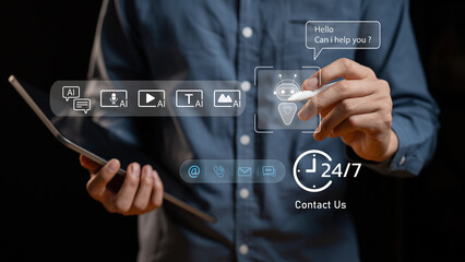 AI customer service and support solution for online communication, automation, global connection, professional team, chatbot assistance, digital helpdesk, responsive interface, 24/7 virtual care.