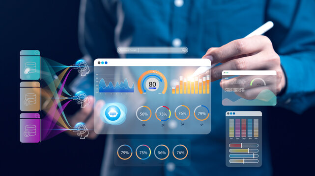 AI data analysis dashboard showing algorithm, business intelligence, software research, database model, innovation process, finance report, complex system, network technology, digital insight.