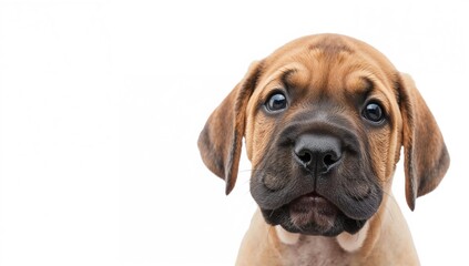 Obraz premium Close-up portrait of a happy three-month-old fluffy puppy isolated on a white backdrop