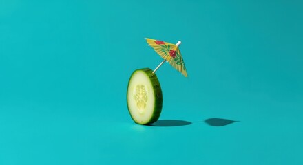 Cucumber Slice with Tiny Umbrella on Turquoise Background Summer Refreshment Healthy Food Minimalist Composition Vacation Concept Green Vegetable Nutrition