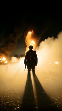 Soldier walking through a battlefield with explosions and smoke, portraying historical war and Memorial Day concept footage