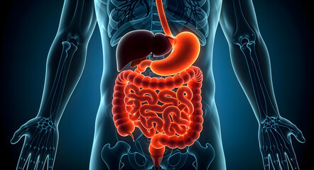 Human body anatomy with glowing digestive system, medical science and healthcare concept, 3d illustration