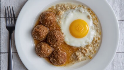 Enjoy a Breakfast Inspired by Mediterranean Flavors Featuring Sunny-Side-Up Eggs, Creamy Oatmeal, and Spiced Meatballs on a White Dish with a Checkered Cloth