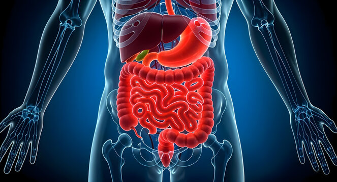 Human body anatomy with glowing digestive system, medical science and healthcare concept, 3d illustration