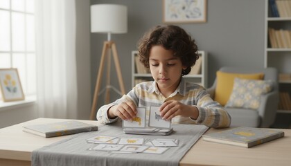 A focused boy playing an educational matching game with animal flashcards at a table. Child development and learning through play. Homeschooling concept