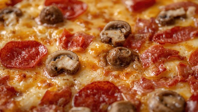 Four topping pizza with pepperoni, cheese, mushrooms, and bacon, high saturated fat content