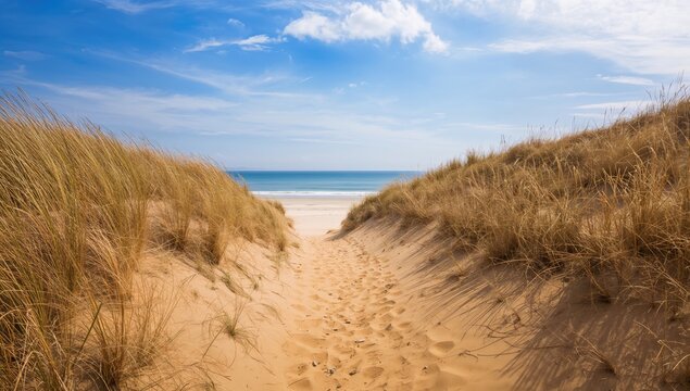 Trail winding across sandy hills toward the coastline