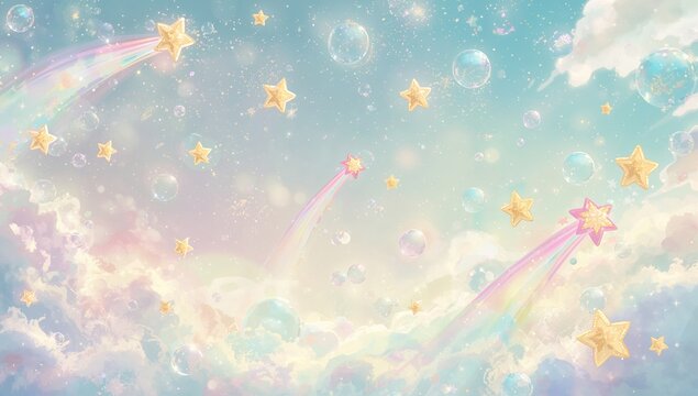 Background with pastel shooting stars and luminous bubbles in cartoon style
