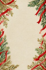 Festive holiday background with greenery and red ribbon, creating a blank space for messages.