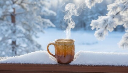 Steaming mug with a hot drink on a snowy railing in winter. Cozy morning concept with a warm beverage outdoors in the cold