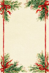 Festive frame of evergreens and red ribbon on a textured cream background; perfect for holiday cards.