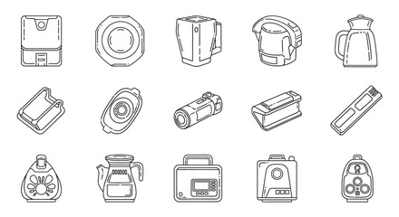 Collection of kitchen appliance outlines and kitchenware icons for food preparation and cooking vector