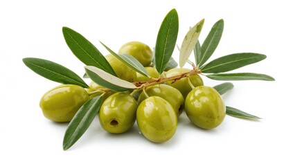 Green olives accompanied by appetizing leaves, ideal for culinary presentations