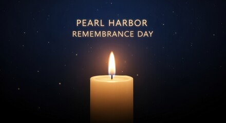 Pearl Harbor Remembrance Day with a solemn memorial candle. Glowing flame against a dark starry night sky for a historical tribute
