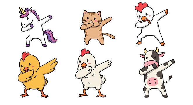 Dancing animals including unicorn, cat, chickens, cow, and hen in funny poses