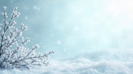 Frosted tree branches in a snowy winter landscape. Close-up of a frozen plant with hoarfrost on a cold seasonal background. Holiday concept with copy space