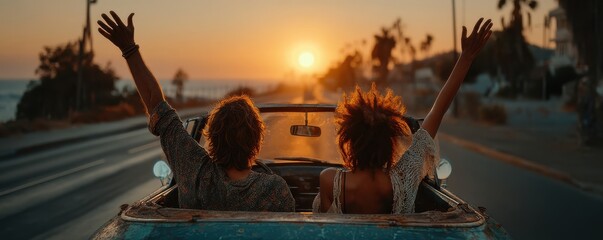 Couple in an open-top car at sunset celebrate freedom and togetherness on a warm evening drive