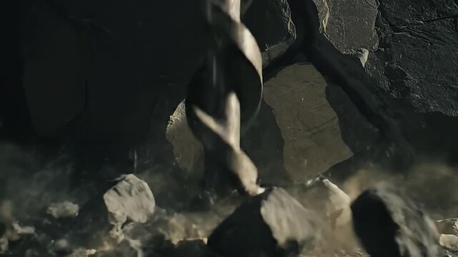 A massive industrial drill bit powerfully excavating through hard rock, creating dust and debris in a dark, confined space, symbolizing raw power and relentless progress