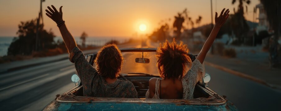 Couple in an open-top car at sunset celebrate freedom and togetherness on a warm evening drive