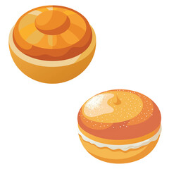 Two delicious orange and white macarons on a white background