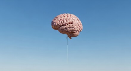 Conceptual Brain Balloon Floating in Blue Sky Imagination and Intelligence