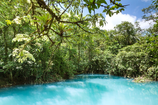 Rio Celeste river in the green forest of  Costa Rica