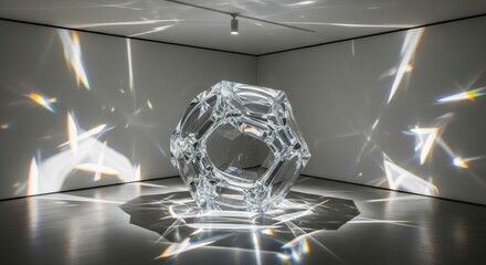 Geometric Glass Sculpture in Art Gallery Dodecahedron Shape Light Refraction Interior Space Modern Art Installation Architectural Design Crystal Prism