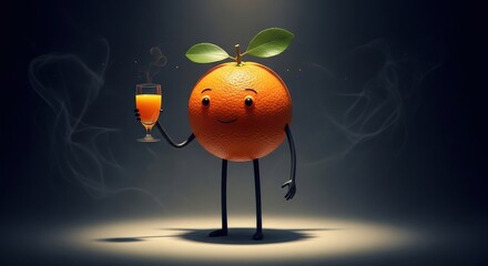 Cartoon Orange Character Holding Juice Glass Adorable Cute Fruit Beverage Healthy Nutrition Citrus Happy Design Illustration Smiling