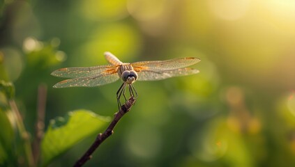Macro shot of a dragonfly perched on a twig