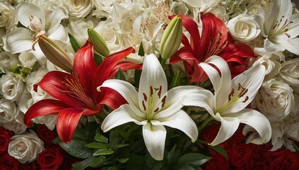 Vibrant red and white blooms, a striking bouquet of lilies and roses, seasonal celebration