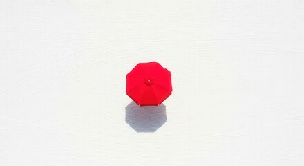 Red Beach Umbrella Aerial View in White Sand Parasol Shade Sun Protection Summer Vacation Coastal Travel Holiday Top Down Seascape