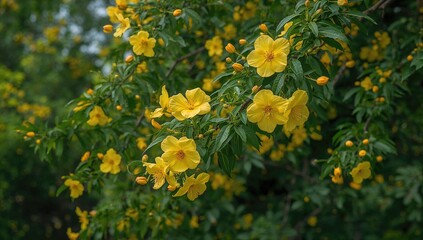 Obraz premium Vibrant yellow blooms on tree branches, seasonal change