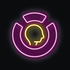 Glowing neon sign representing customer retention with head silhouette inside marketing pie chart