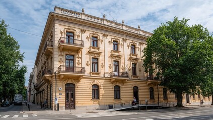 Obraz premium Historic structure featuring classical balconies and an accessible ramp for multiple users