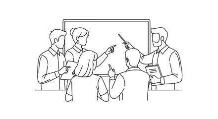 Business meeting team collaboration presenting ideas to colleagues around whiteboard drawing vector