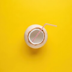 Fresh Coconut Water in Coconut with Straw on Yellow Background Refreshing Tropical Drink Healthy Beverage Summertime Thirst Quencher Natural Diet Source