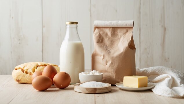 Baking essentials: milk, eggs, flour, and butter arranged on a pale wooden surface