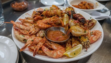 Assorted seafood platter featuring crab, squid, shrimp, and shellfish with spicy citrus sauce served on a dining table buffet