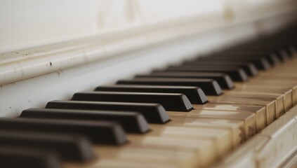 Close-up shot of antique piano keys with gentle selective focus