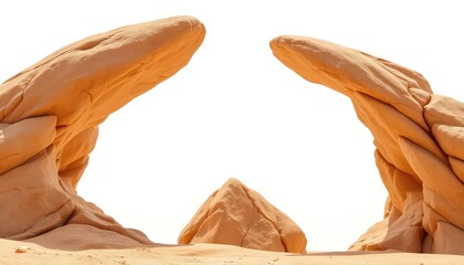 Arches of weathered sandstone rise above a desert landscape, highlighting geological formations and natural patterns under bright, cloudless skies