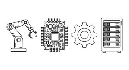 Industrial automation icons featuring robotic arm circuit board gear and server rack for technology concepts vector