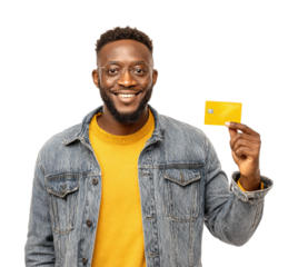 Celebrating financial success man holding yellow card portrait isolated on transparent background