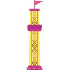 Tall Yellow Drop Tower Ride With Pink Flag And Purple Seats At Amusement Park With Translucent...