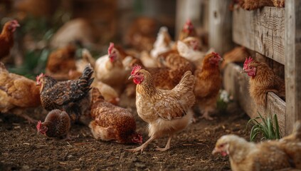 Small flock of chickens in a farm setting, promoting sustainable poultry farming