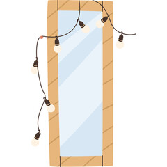 Tall Wooden Framed Mirror Decorated With Warm String Lights Featuring Soft Light Reflection Against...